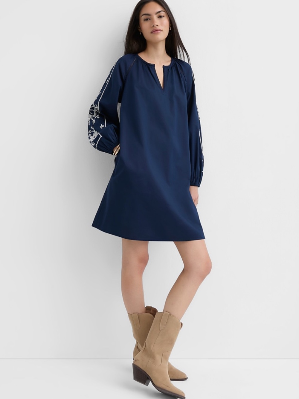LOFT Navy Blue White Floral Embroidered Split Neck Mini Pocket Dress MEDIUM NWT